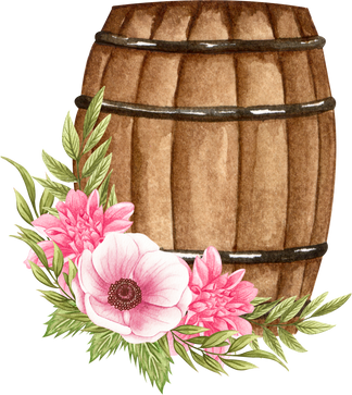 Watercolor Floral Wooden barrel . Wooden barrel and flowers. Farmhouse rustic